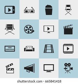 Set Of 16 Editable Filming Icons. Includes Symbols Such As Monitor, Shooting Seat, Cinema Snack And More. Can Be Used For Web, Mobile, UI And Infographic Design.