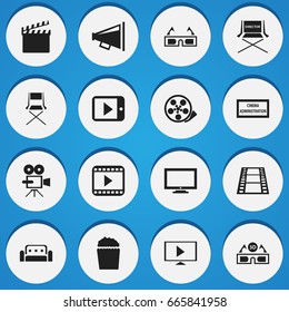 Set Of 16 Editable Filming Icons. Includes Symbols Such As Movie Player, Tablet Play, Couch And More. Can Be Used For Web, Mobile, UI And Infographic Design.