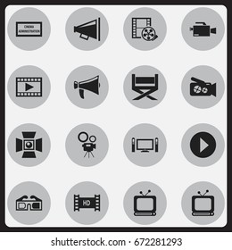 Set Of 16 Editable Filming Icons. Includes Symbols Such As Hd Tape, Video, Spotlight And More. Can Be Used For Web, Mobile, UI And Infographic Design.