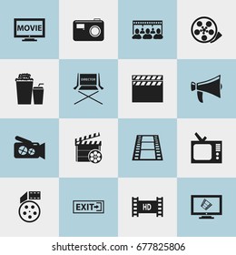 Set Of 16 Editable Filming Icons. Includes Symbols Such As Portable Camera, Tape, Display And More. Can Be Used For Web, Mobile, UI And Infographic Design.