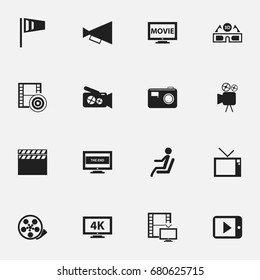 Set Of 16 Editable Filming Icons. Includes Symbols Such As Tape, Seat, Announcement And More. Can Be Used For Web, Mobile, UI And Infographic Design.