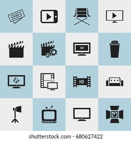 Set Of 16 Editable Filming Icons. Includes Symbols Such As Popcorn, Monitor, Start Video And More. Can Be Used For Web, Mobile, UI And Infographic Design.