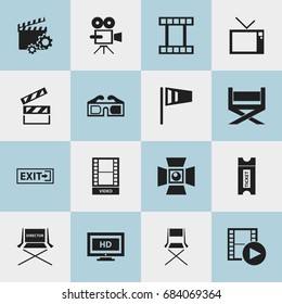 Set Of 16 Editable Filming Icons. Includes Symbols Such As Movie, Clapperboard, Pennant And More. Can Be Used For Web, Mobile, UI And Infographic Design.