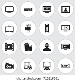 Set Of 16 Editable Filming Icons. Includes Symbols Such As Show, Tripod, Display Unit And More. Can Be Used For Web, Mobile, UI And Infographic Design.