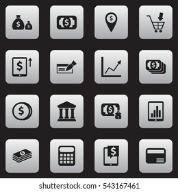 Set Of 16 Editable Finance Icons. Includes Symbols Such As Money-Guard, Shopping Pushcart, Treasure And More. Can Be Used For Web, Mobile, UI And Infographic Design.