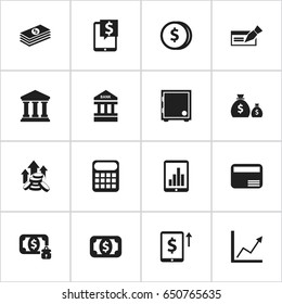 Set Of 16 Editable Finance Icons. Includes Symbols Such As Money Card, Computation Machine, Diagram And More. Can Be Used For Web, Mobile, UI And Infographic Design.