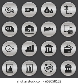 Set Of 16 Editable Finance Icons. Includes Symbols Such As Greenback, Atm, To Deposit Money And More. Can Be Used For Web, Mobile, UI And Infographic Design.