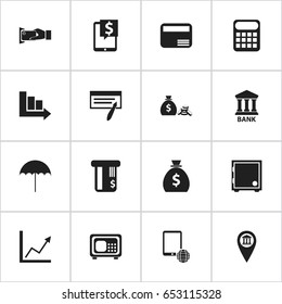 Set Of 16 Editable Finance Icons. Includes Symbols Such As Holdall, Gingham, Coins Sack And More. Can Be Used For Web, Mobile, UI And Infographic Design.