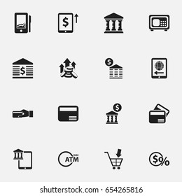 Set Of 16 Editable Finance Icons. Includes Symbols Such As Townhouse, Atm, Increase Dollar And More. Can Be Used For Web, Mobile, UI And Infographic Design.
