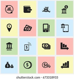 Set Of 16 Editable Finance Icons. Includes Symbols Such As Bucks, Loan, Greenback And More. Can Be Used For Web, Mobile, UI And Infographic Design.