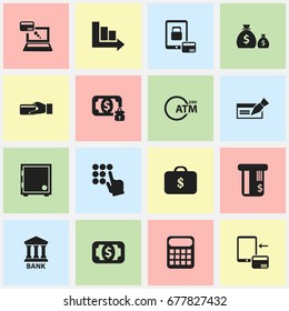 Set Of 16 Editable Finance Icons. Includes Symbols Such As Currency, Arrow, Credit Card And More. Can Be Used For Web, Mobile, UI And Infographic Design.