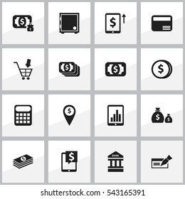 Set Of 16 Editable Financial Icons. Includes Symbols Such As Shopping Pushcart, Currency, Treasure And More. Can Be Used For Web, Mobile, UI And Infographic Design.