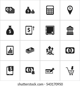 Set Of 16 Editable Financial Icons. Includes Symbols Such As Crate, Currency, Coins Raise And More. Can Be Used For Web, Mobile, UI And Infographic Design.