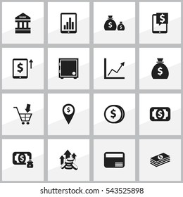 Set Of 16 Editable Financial Icons. Includes Symbols Such As Diagram, Shopping Pushcart, Currency And More. Can Be Used For Web, Mobile, UI And Infographic Design.