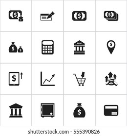 Set Of 16 Editable Financial Icons. Includes Symbols Such As Money-Guard, Crate, Shopping Pushcart And More. Can Be Used For Web, Mobile, UI And Infographic Design.