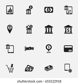 Set Of 16 Editable Financial Icons. Includes Symbols Such As Network, Transfer, Currency And More. Can Be Used For Web, Mobile, UI And Infographic Design.