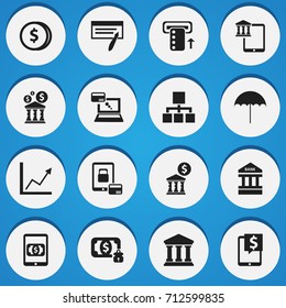 Set Of 16 Editable Financial Icons. Includes Symbols Such As Remuneration, E-Commerce, Finance Protection And More. Can Be Used For Web, Mobile, UI And Infographic Design.
