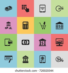 Set Of 16 Editable Financial Icons. Includes Symbols Such As Internet Sale, Architecture, Statistics And More. Can Be Used For Web, Mobile, UI And Infographic Design.