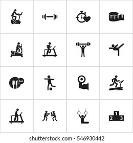 Set Of 16 Editable Fitness Icons. Includes Symbols Such As Acrobat, Fight, Healthy Food And More. Can Be Used For Web, Mobile, UI And Infographic Design.