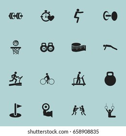 Set Of 16 Editable Fitness Icons. Includes Symbols Such As Acrobat, Racetrack Training, Weightiness And More. Can Be Used For Web, Mobile, UI And Infographic Design.