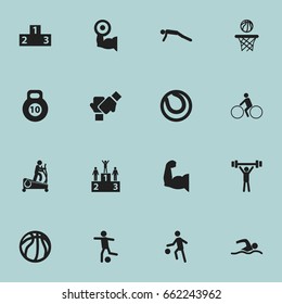 Set Of 16 Editable Fitness Icons. Includes Symbols Such As Basket Play, Sportsman, Bicycle Rider And More. Can Be Used For Web, Mobile, UI And Infographic Design.