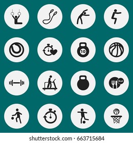 Set Of 16 Editable Fitness Icons. Includes Symbols Such As Football, Exercise, Basketball And More. Can Be Used For Web, Mobile, UI And Infographic Design.