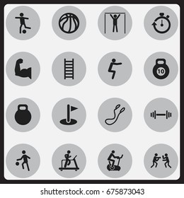 Set Of 16 Editable Fitness Icons. Includes Symbols Such As Stopwatch, Crossbar, Training Bicycle And More. Can Be Used For Web, Mobile, UI And Infographic Design.
