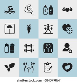 Set Of 16 Editable Fitness Icons. Includes Symbols Such As Leaf In Heart, Questionnaire, Scales And More. Can Be Used For Web, Mobile, UI And Infographic Design.
