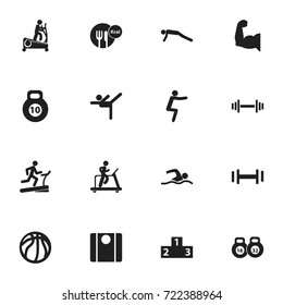 Set Of 16 Editable Fitness Icons. Includes Symbols Such As Strength, Jogging, Heft And More. Can Be Used For Web, Mobile, UI And Infographic Design.