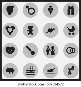 Set Of 16 Editable Folks Icons. Includes Symbols Such As Patisserie, Bodysuit, Perambulator And More. Can Be Used For Web, Mobile, UI And Infographic Design.