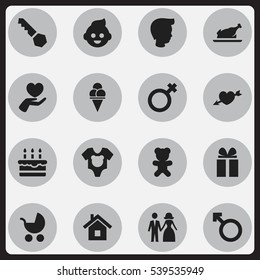 Set Of 16 Editable Folks Icons. Includes Symbols Such As Gift, Married, Heart And More. Can Be Used For Web, Mobile, UI And Infographic Design.