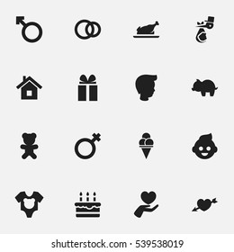 Set Of 16 Editable Folks Icons. Includes Symbols Such As Home, Heart, Child And More. Can Be Used For Web, Mobile, UI And Infographic Design.