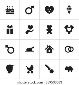 Set Of 16 Editable Folks Icons. Includes Symbols Such As Patisserie, Man Emblem, Toy And More. Can Be Used For Web, Mobile, UI And Infographic Design.