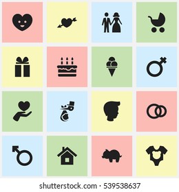 Set Of 16 Editable Folks Icons. Includes Symbols Such As Child, Gift, Love And More. Can Be Used For Web, Mobile, UI And Infographic Design.