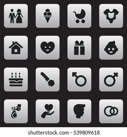 Set Of 16 Editable Folks Icons. Includes Symbols Such As Hoop, Man Emblem, Cold Dessert And More. Can Be Used For Web, Mobile, UI And Infographic Design.
