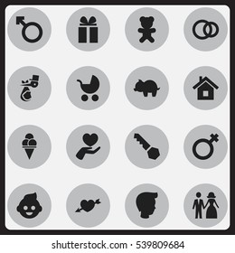 Set Of 16 Editable Folks Icons. Includes Symbols Such As Man Emblem, Toy, Baby And More. Can Be Used For Web, Mobile, UI And Infographic Design.