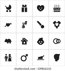 Set Of 16 Editable Folks Icons. Includes Symbols Such As Love, Home, Woman Sign And More. Can Be Used For Web, Mobile, UI And Infographic Design.