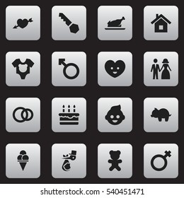 Set Of 16 Editable Folks Icons. Includes Symbols Such As Married, Baby, Love And More. Can Be Used For Web, Mobile, UI And Infographic Design.