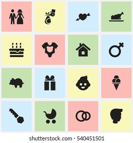 Set Of 16 Editable Folks Icons. Includes Symbols Such As Perambulator, Woman Sign, Baby And More. Can Be Used For Web, Mobile, UI And Infographic Design.