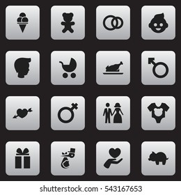 Set Of 16 Editable Folks Icons. Includes Symbols Such As Perambulator, Heart, Toy And More. Can Be Used For Web, Mobile, UI And Infographic Design.
