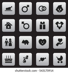 Set Of 16 Editable Folks Icons. Includes Symbols Such As Gift, Child, Love And More. Can Be Used For Web, Mobile, UI And Infographic Design.