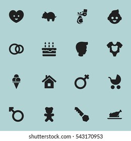 Set Of 16 Editable Folks Icons. Includes Symbols Such As Fried Chicken, Perambulator, Patisserie And More. Can Be Used For Web, Mobile, UI And Infographic Design.