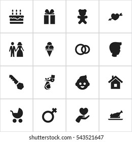 Set Of 16 Editable Folks Icons. Includes Symbols Such As Woman Sign, Fried Chicken, Love And More. Can Be Used For Web, Mobile, UI And Infographic Design.