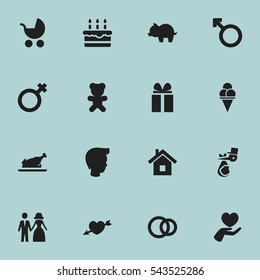 Set Of 16 Editable Folks Icons. Includes Symbols Such As Moneybox, Home, Heart And More. Can Be Used For Web, Mobile, UI And Infographic Design.