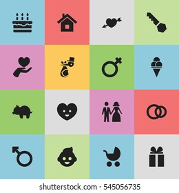 Set Of 16 Editable Folks Icons. Includes Symbols Such As Man Emblem, Child, Baby And More. Can Be Used For Web, Mobile, UI And Infographic Design.