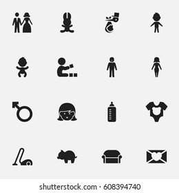 Set Of 16 Editable Folks Icons. Includes Symbols Such As Bodysuit, Man Emblem, Baby Bottle And More. Can Be Used For Web, Mobile, UI And Infographic Design.