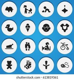 Set Of 16 Editable Folks Icons. Includes Symbols Such As Nipple, Play With Vehicle, Spinner And More. Can Be Used For Web, Mobile, UI And Infographic Design.