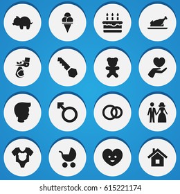 Set Of 16 Editable Folks Icons. Includes Symbols Such As Moneybox, Lock, Toy And More. Can Be Used For Web, Mobile, UI And Infographic Design.