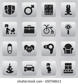 Set Of 16 Editable Folks Icons. Includes Symbols Such As Automobile, Velocipede, Fasten And More. Can Be Used For Web, Mobile, UI And Infographic Design.
