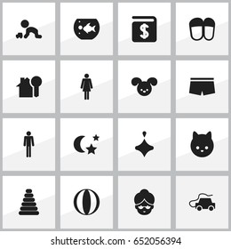 Set Of 16 Editable Folks Icons. Includes Symbols Such As Grandma, Puppy, Gentlemen. Can Be Used For Web, Mobile, UI And Infographic Design.